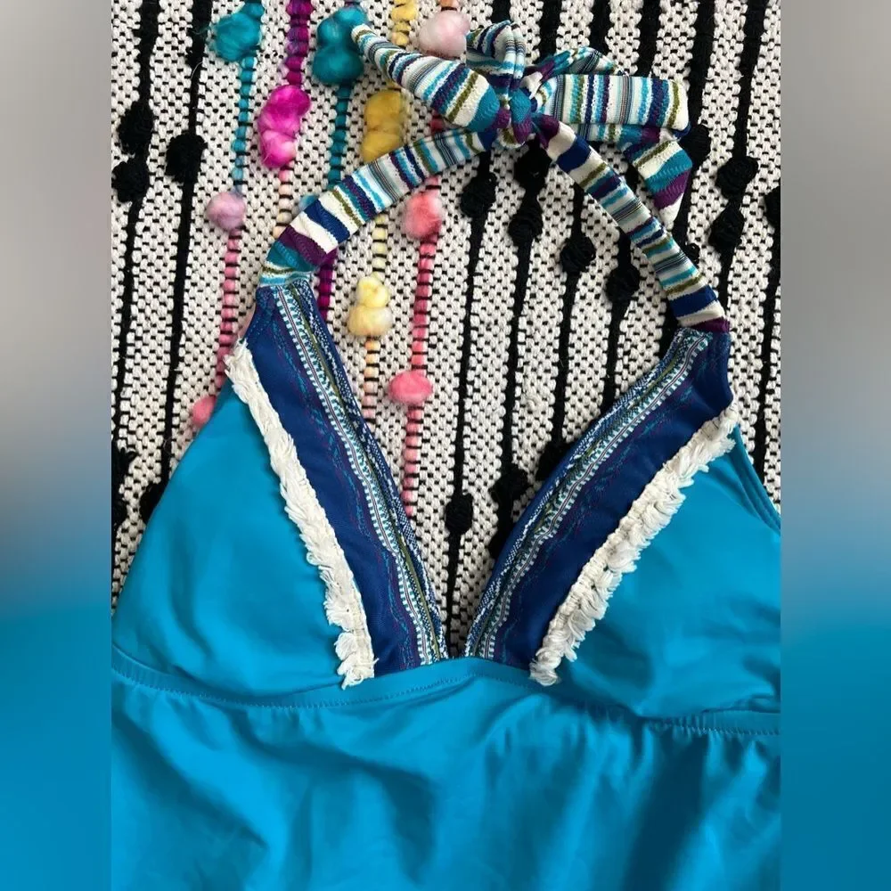 Lucky Brand Solid Turquoise Stripe Fringe Boho Accents Halter Tankini Swim Top S